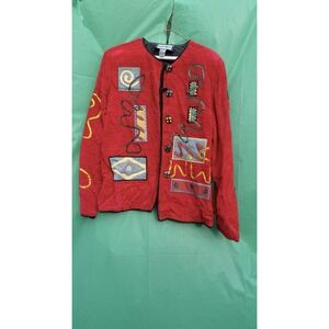 Indigo Moon Jacket Embroidered Red Art To Wear Button Front Size M